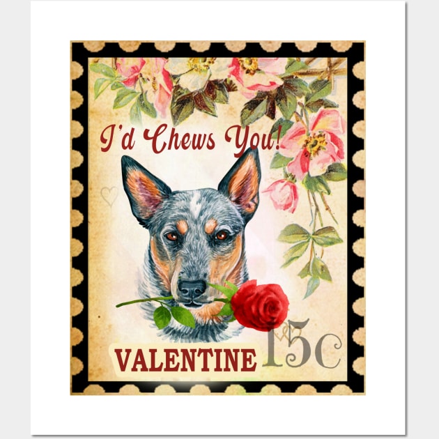 Australian cattle dog Vintage Valentine Funny Dog With Rose Wall Art by Sniffist Gang